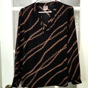 Anne Klein / Black Blouse with Chain Print